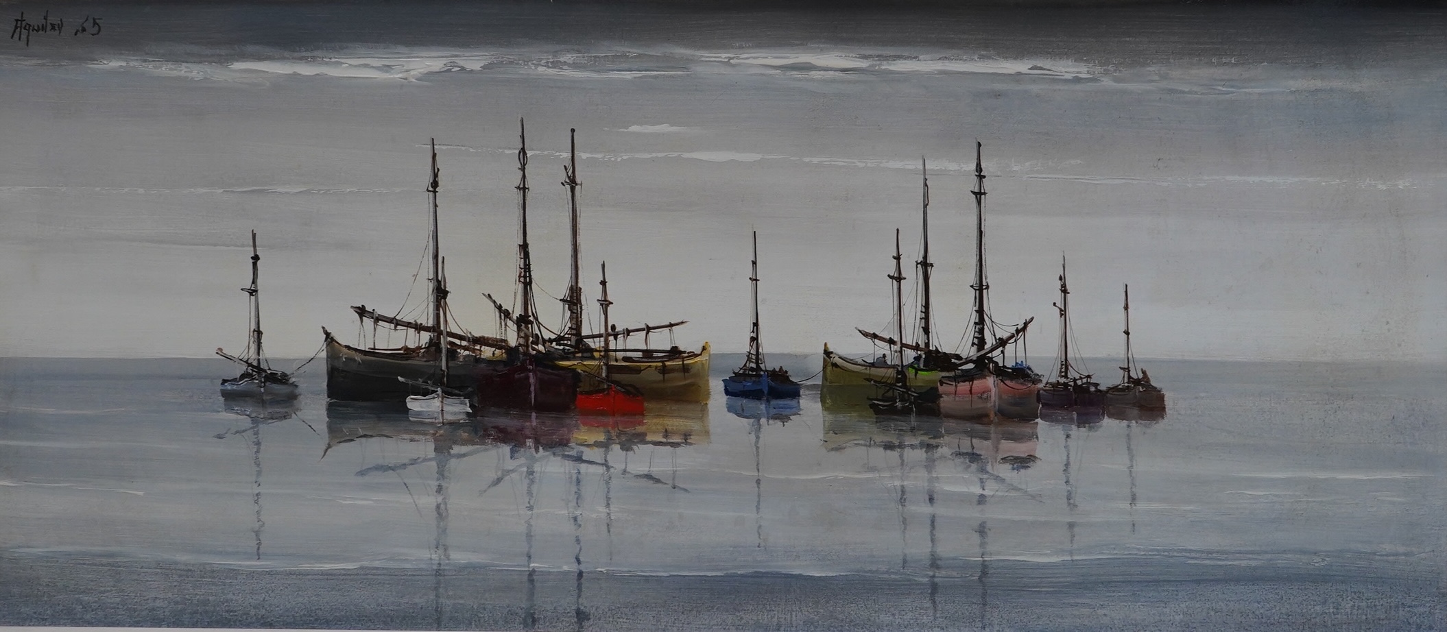 Jorge Aguilar, oil on board, Coastal view with fishing boats, signed and dated '65, 49 x 113cm. Condition - fair